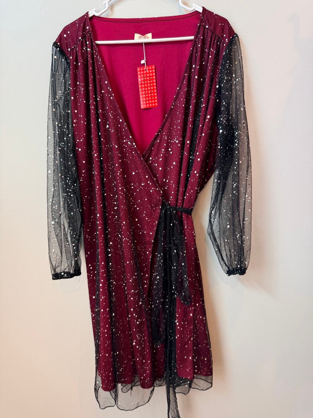 Red Dot Boutique Faux Wrap Dress NWT Burgundy Red Black Glitter Mesh Sleeve 3X